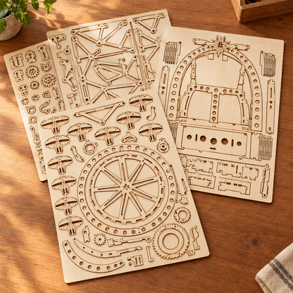 Les planches de contreplaque decoupees au laser du kit, posees a plat