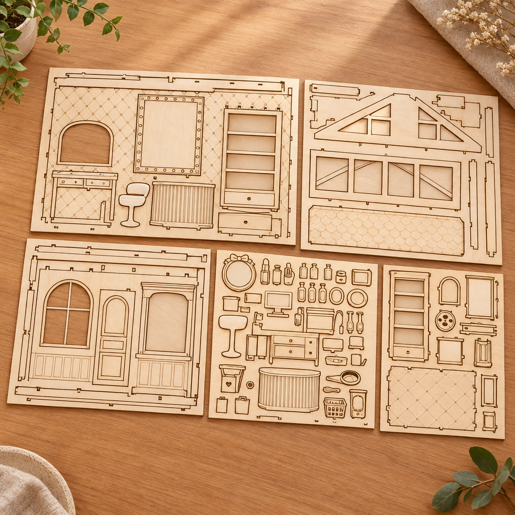 Les planches de contreplaque decoupees au laser du kit, posees a plat