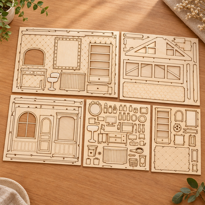 Les planches de contreplaque decoupees au laser du kit, posees a plat
