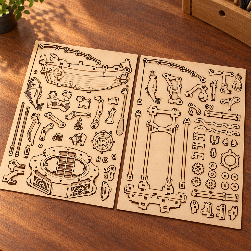 Les planches de contreplaque decoupees au laser du kit, posees a plat