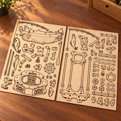 Les planches de contreplaque decoupees au laser du kit, posees a plat