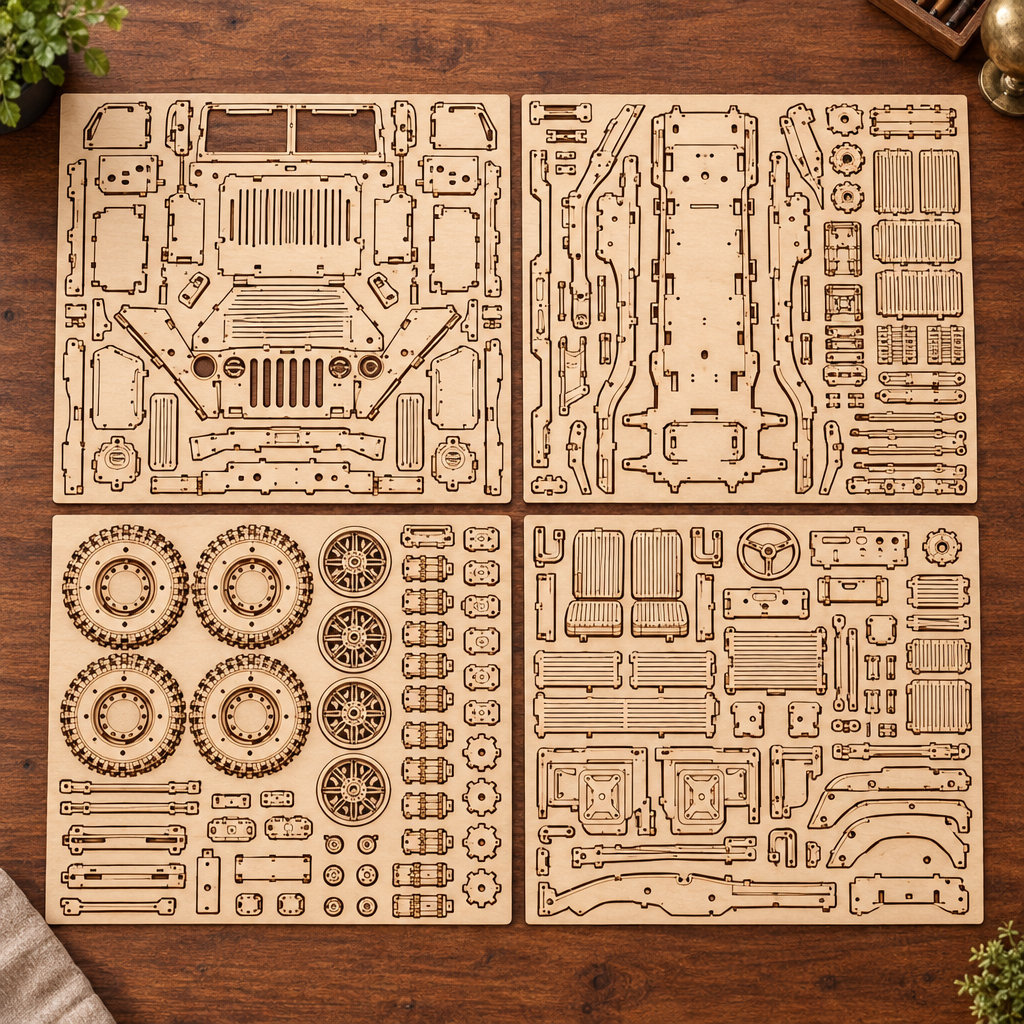 Les planches de contreplaque decoupees au laser du kit, posees a plat