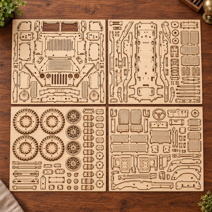 Les planches de contreplaque decoupees au laser du kit, posees a plat