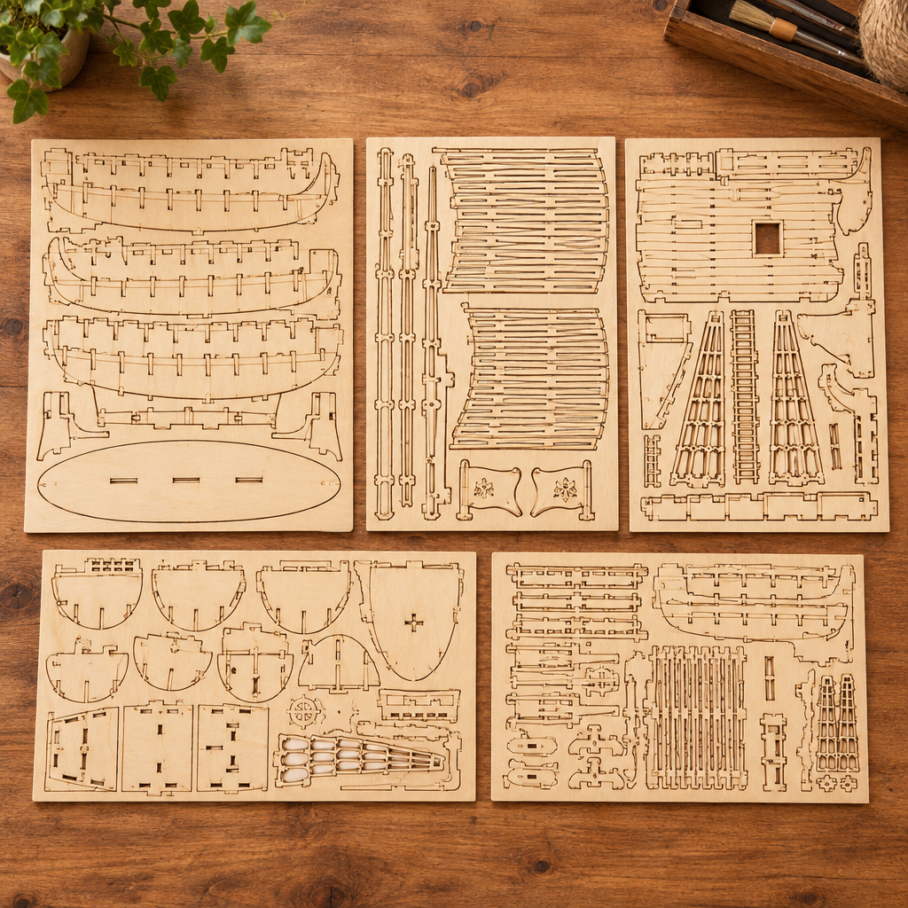 Les planches de contreplaque decoupees au laser du kit, posees a plat