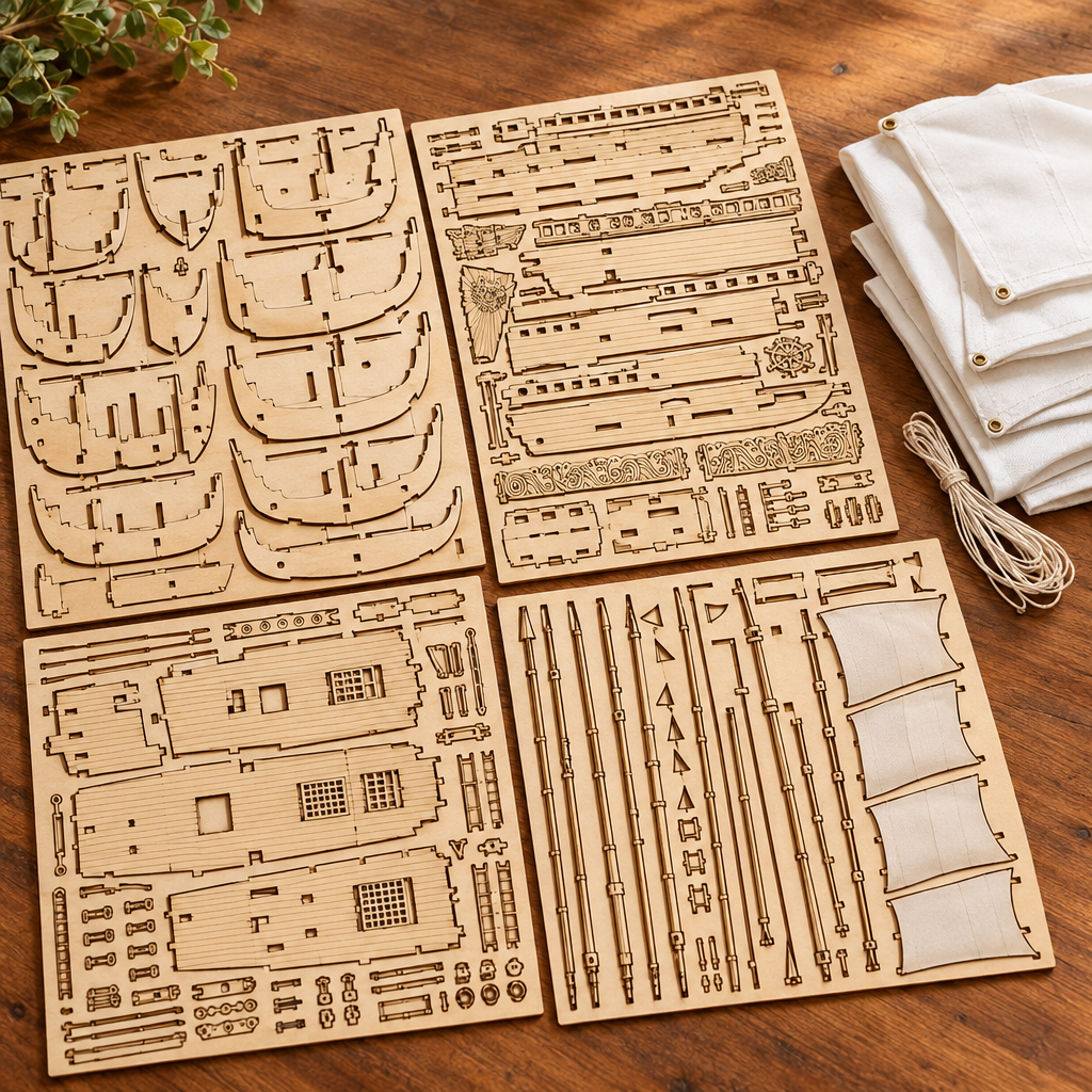 Les planches de contreplaque decoupees au laser du kit, posees a plat