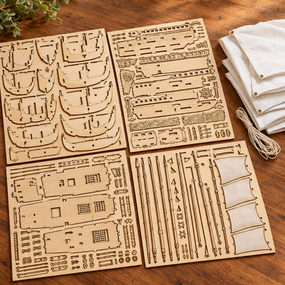 Les planches de contreplaque decoupees au laser du kit, posees a plat