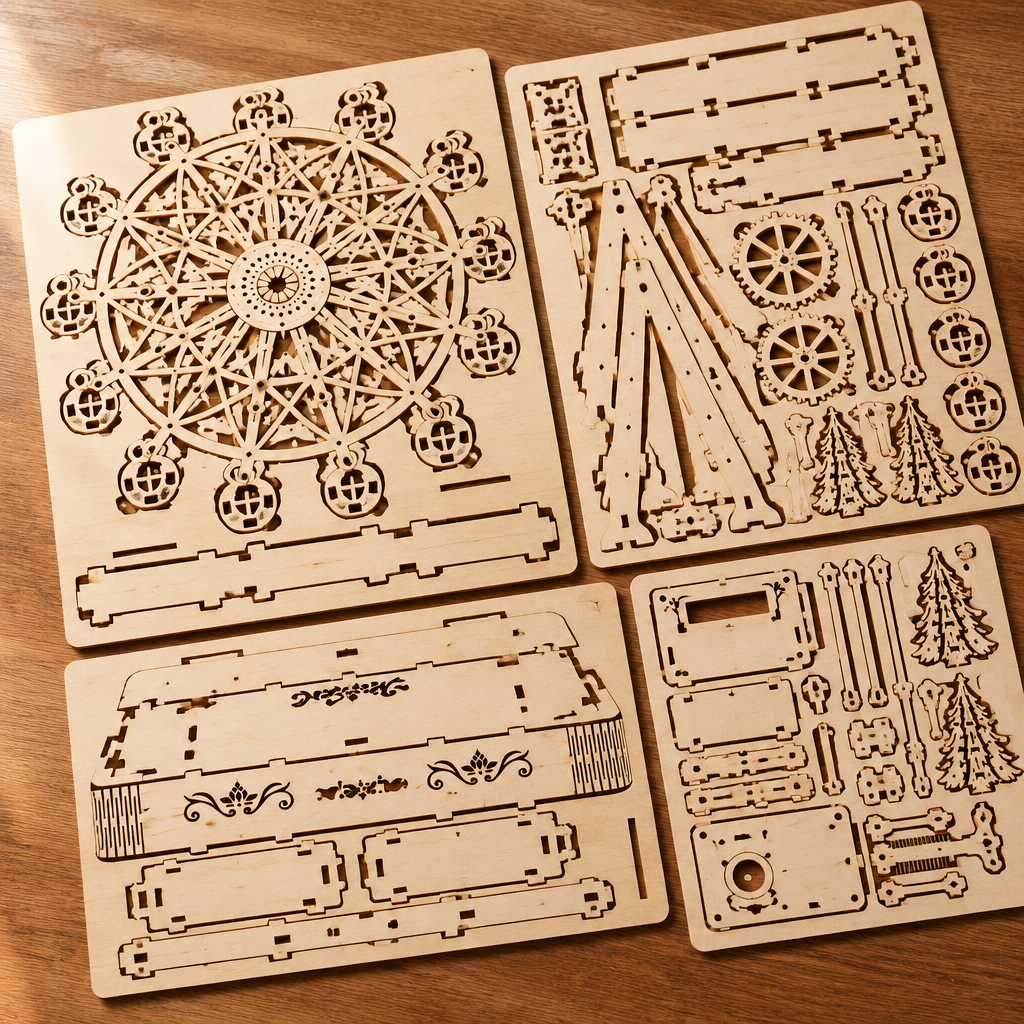 Les planches de contreplaque decoupees au laser du kit, posees a plat