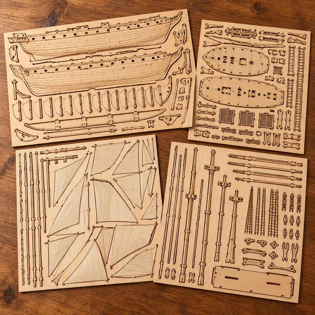 Les planches de contreplaque decoupees au laser du kit, posees a plat
