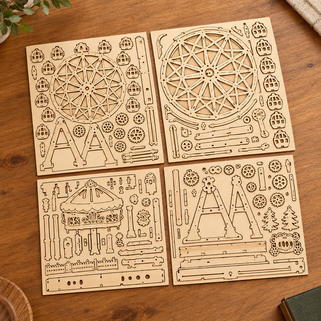 Les planches de contreplaque decoupees au laser du kit, posees a plat