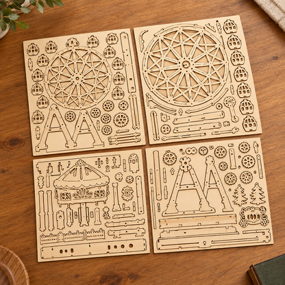 Les planches de contreplaque decoupees au laser du kit, posees a plat