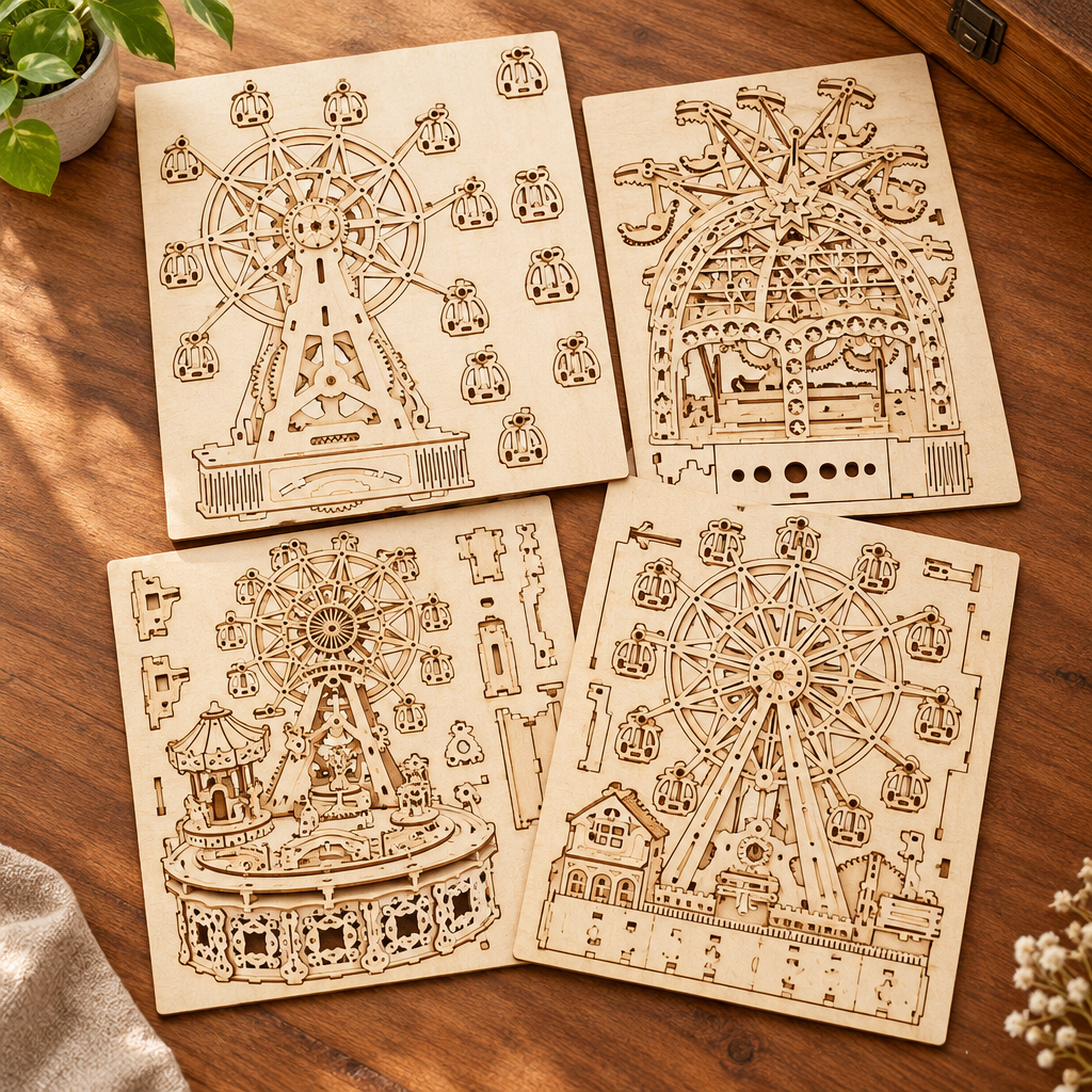 Les planches de contreplaque decoupees au laser du kit, posees a plat