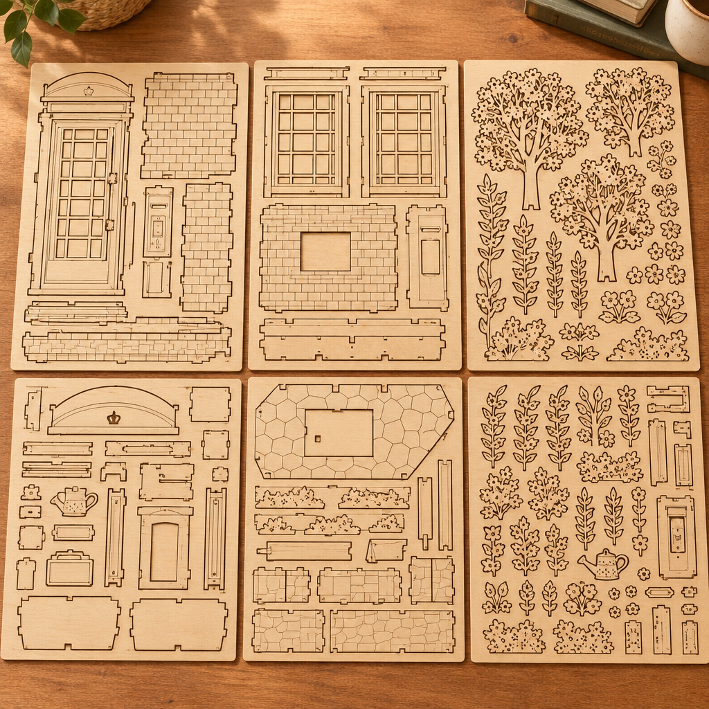 Les planches de contreplaque decoupees au laser du kit, posees a plat
