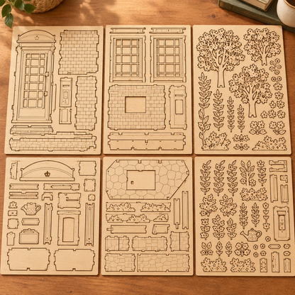 Les planches de contreplaque decoupees au laser du kit, posees a plat