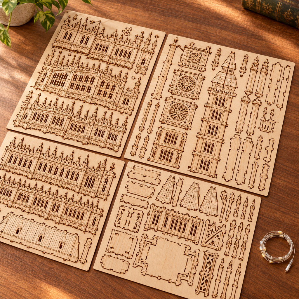 Les planches de contreplaque decoupees au laser du kit et le fil LED, poses a plat