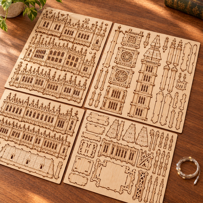Les planches de contreplaque decoupees au laser du kit et le fil LED, poses a plat