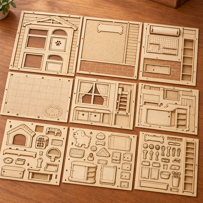 Les planches de contreplaque decoupees au laser du kit, posees a plat