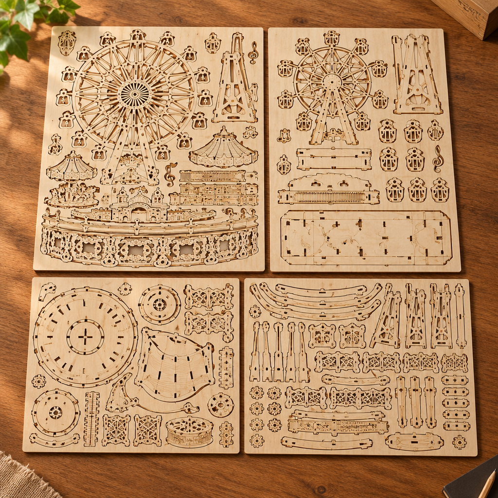 Les planches de contreplaque decoupees au laser du kit, posees a plat