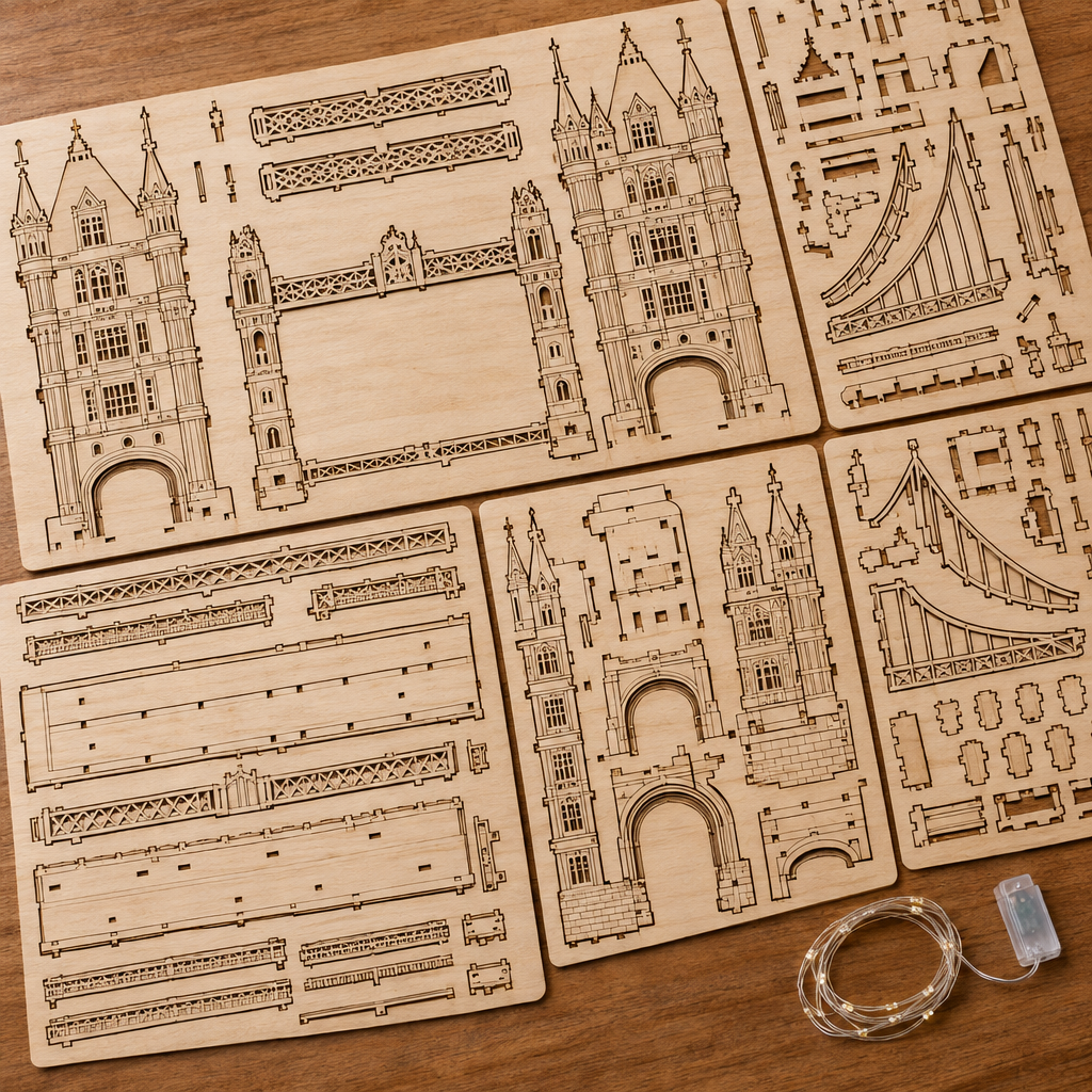 Les planches de contreplaque decoupees au laser du kit et le fil LED, poses a plat