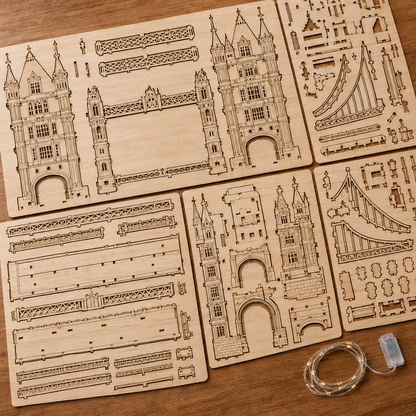Les planches de contreplaque decoupees au laser du kit et le fil LED, poses a plat