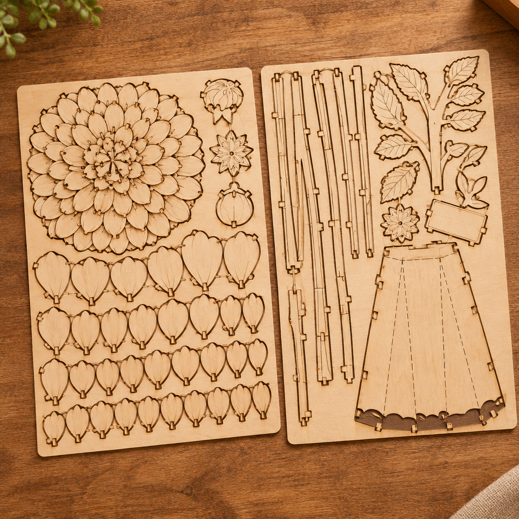 Les planches de contreplaque decoupees au laser du kit, posees a plat