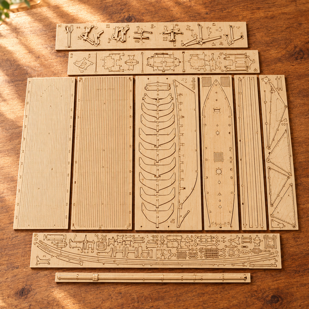 Les planches de contreplaque decoupees au laser du kit, posees a plat