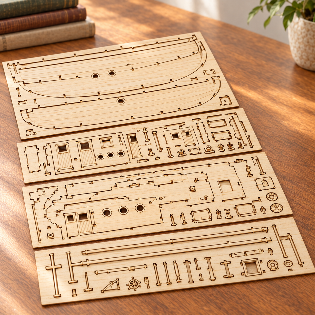 Les planches de contreplaque decoupees au laser du kit, posees a plat