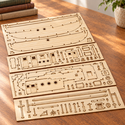 Les planches de contreplaque decoupees au laser du kit, posees a plat