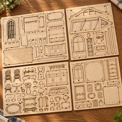 Les planches de contreplaque decoupees au laser du kit, posees a plat