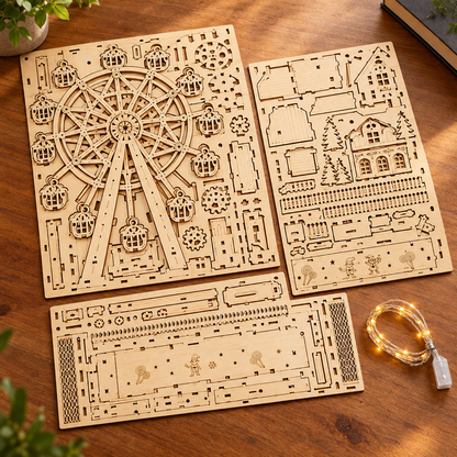 Les planches de contreplaque decoupees au laser du kit et le fil LED, poses a plat