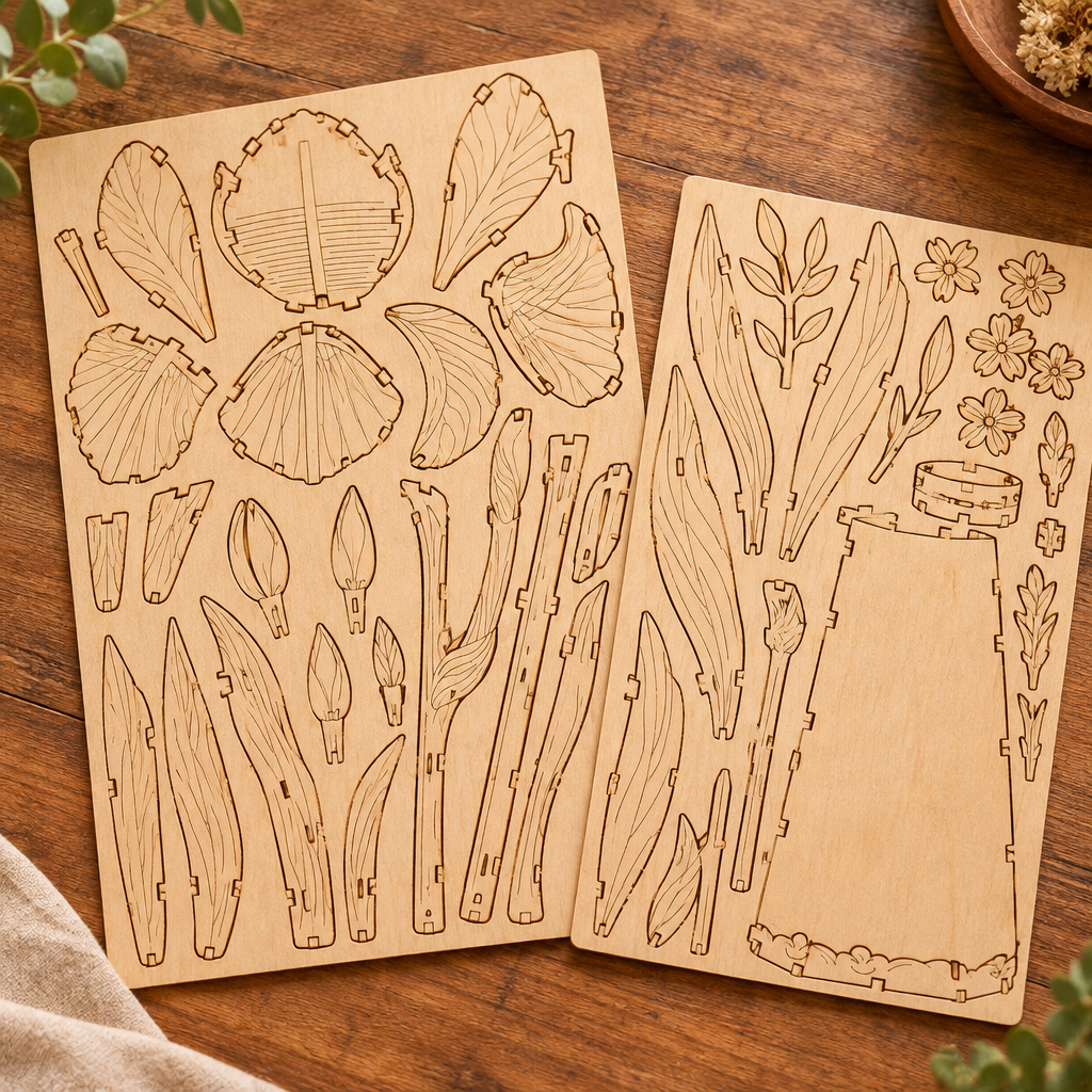 Les planches de contreplaque decoupees au laser du kit, posees a plat