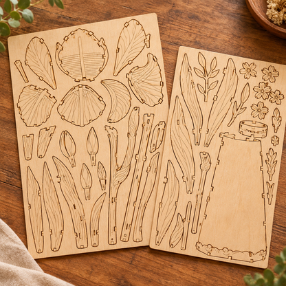 Les planches de contreplaque decoupees au laser du kit, posees a plat