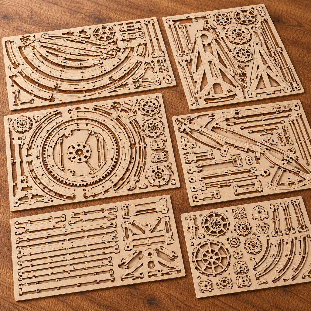 Les planches de contreplaque decoupees au laser du kit, posees a plat