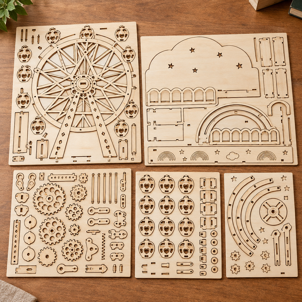 Les planches de contreplaque decoupees au laser du kit, posees a plat