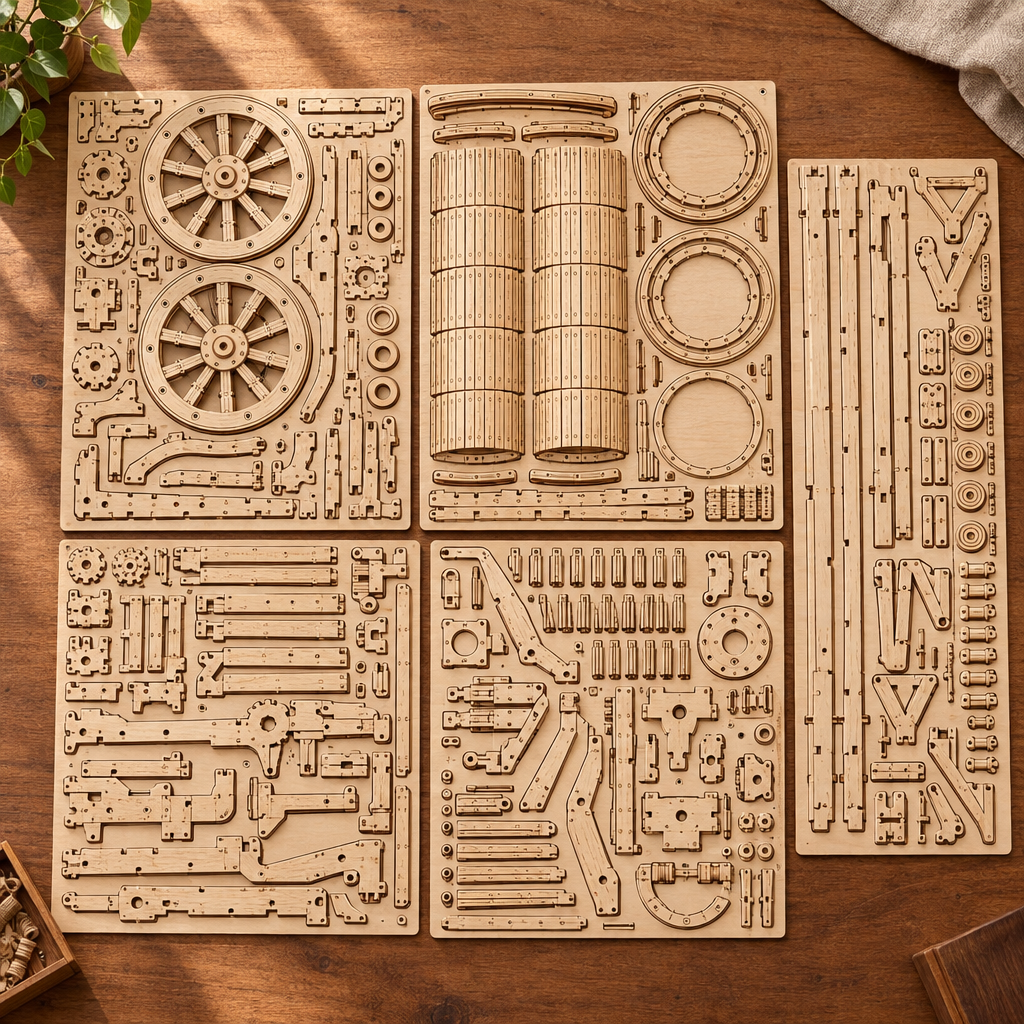 Les planches de contreplaque decoupees au laser du kit, posees a plat