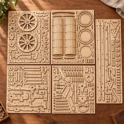 Les planches de contreplaque decoupees au laser du kit, posees a plat