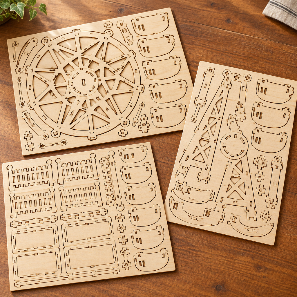 Les planches de contreplaque decoupees au laser du kit, posees a plat