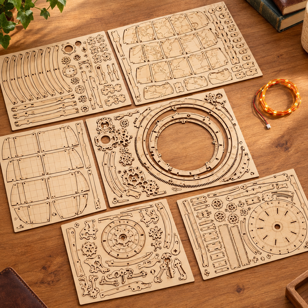 Les planches de contreplaque decoupees au laser du kit et le fil LED, poses a plat