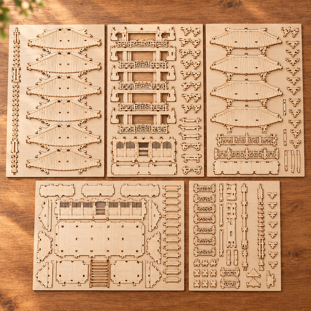 Les planches de contreplaque decoupees au laser du kit, posees a plat