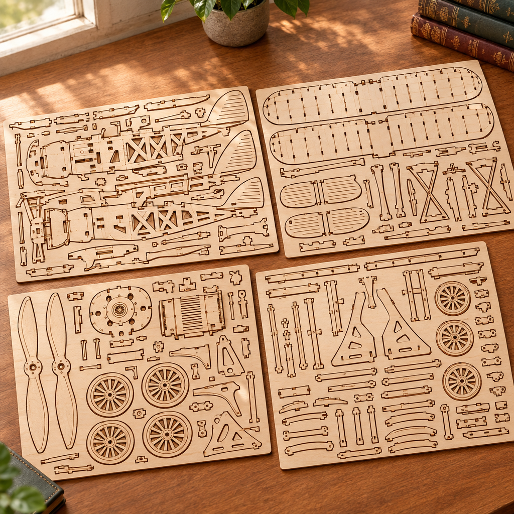 Les planches de contreplaque decoupees au laser du kit, posees a plat