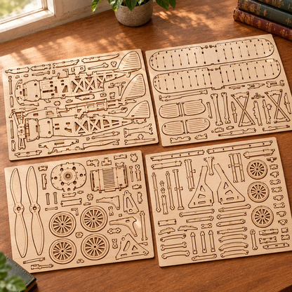 Les planches de contreplaque decoupees au laser du kit, posees a plat