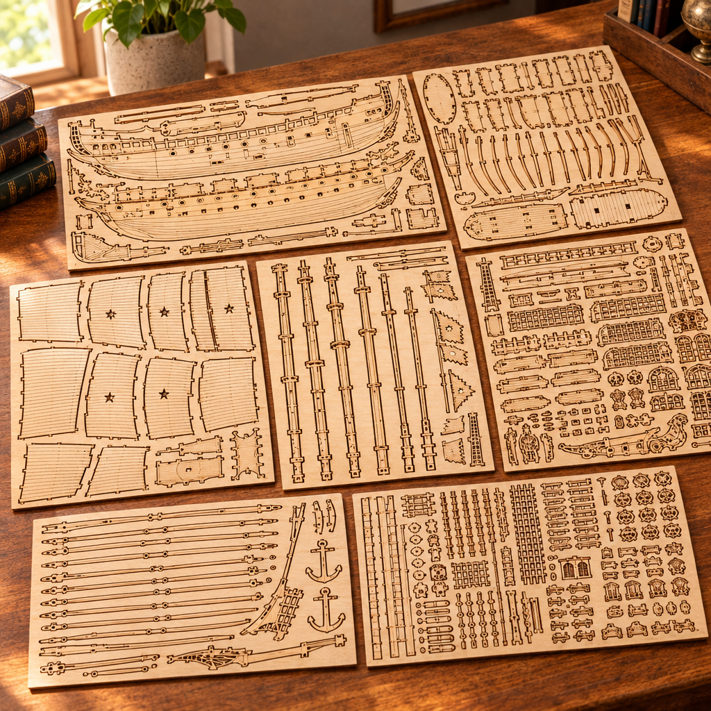 Les planches de contreplaque decoupees au laser du kit, posees a plat