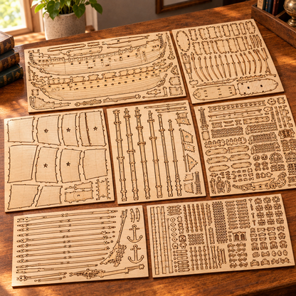 Les planches de contreplaque decoupees au laser du kit, posees a plat