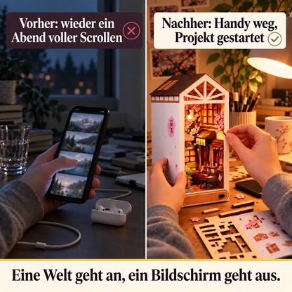 Vorher/Nachher: Handy weg, Aufbau des Book Nook Sakura-Regen
