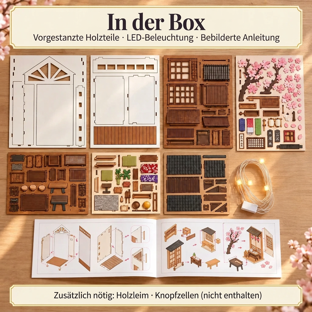 Inhalt des Sets Sakura-Regen: vorgestanzte Holzteile, LED und Anleitung