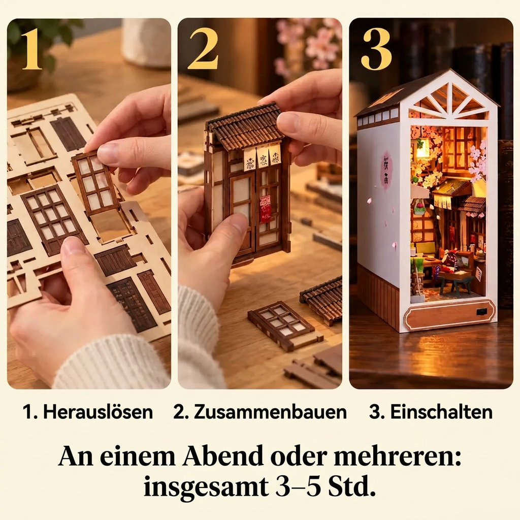 Die drei Bauschritte von Sakura-Regen: herauslösen, zusammenbauen, einschalten