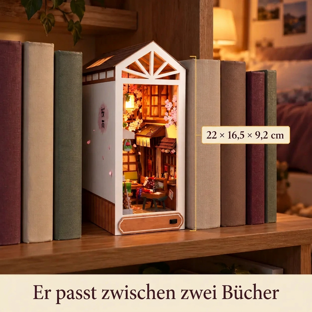 Book Nook Sakura-Regen zwischen zwei Büchern, Maße 22 × 16,5 × 9,2 cm