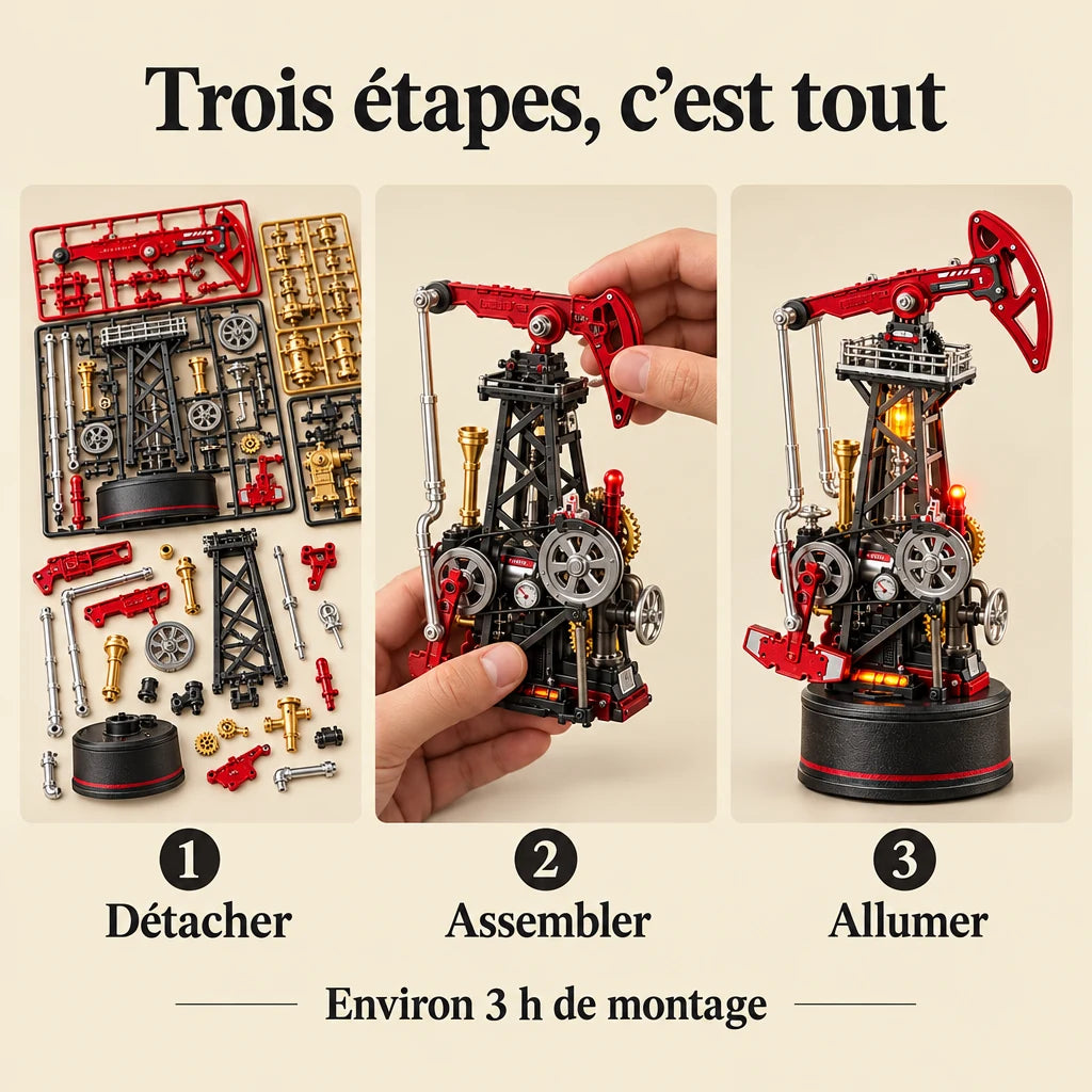 Les trois étapes de montage de La Pompe à Pétrole