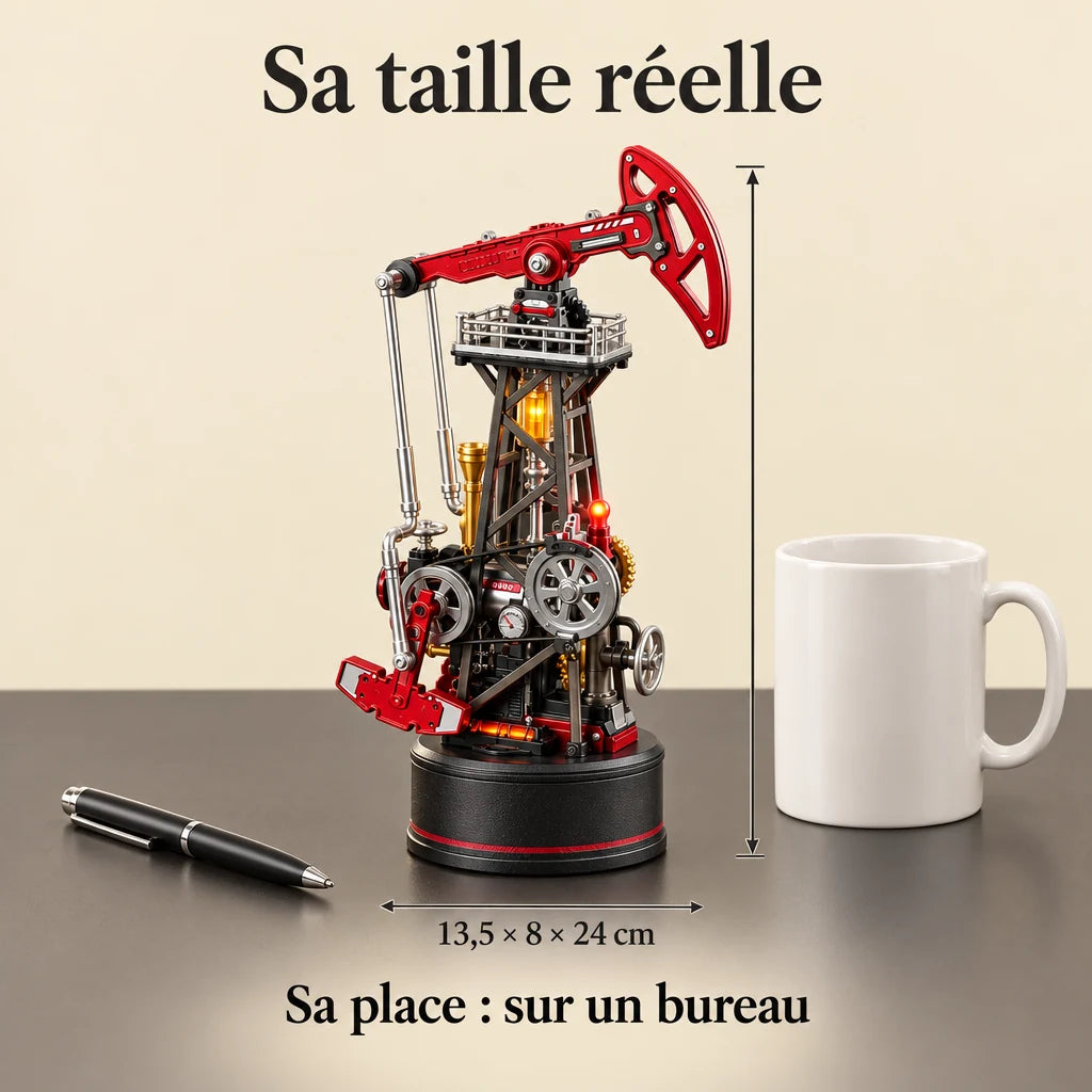 La Pompe à Pétrole posée sur un bureau, dimensions 13,5 × 8 × 24 cm