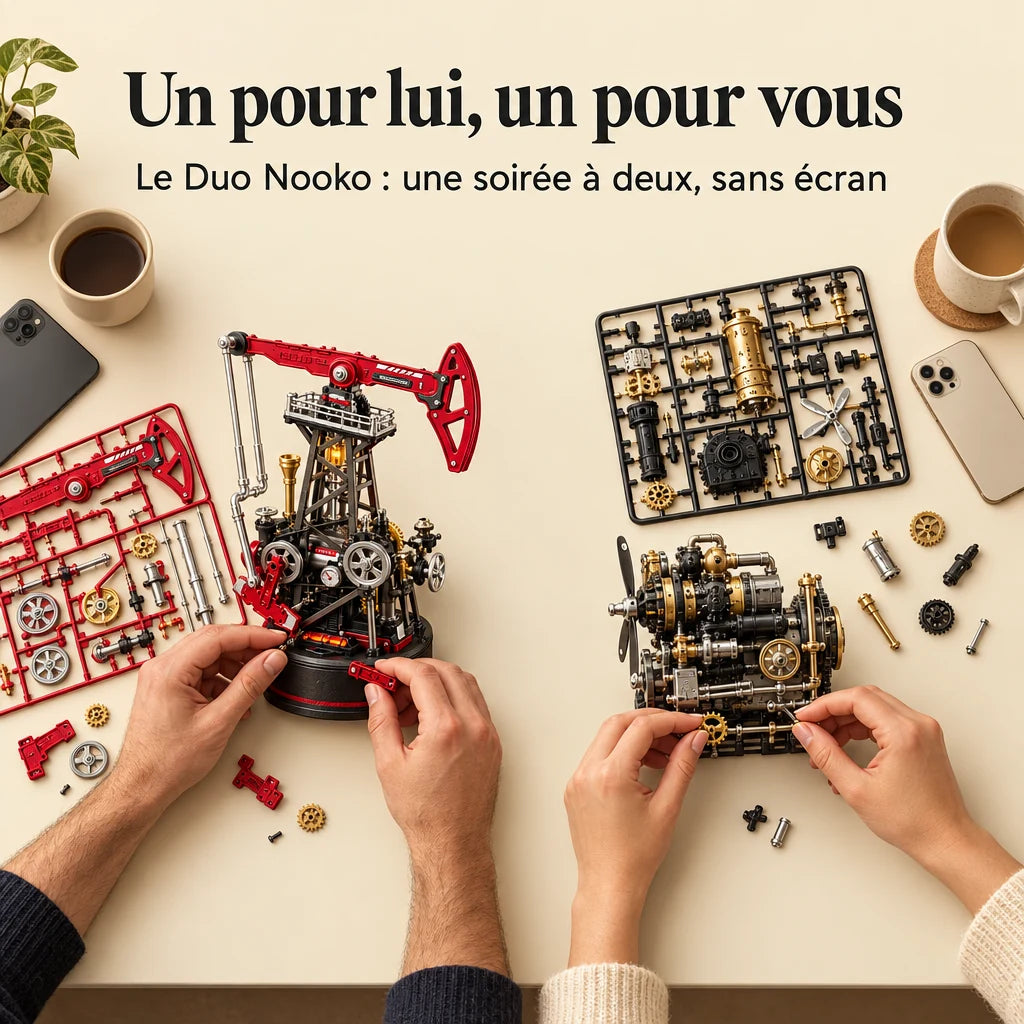 Deux personnes construisent un kit NOOKO côte à côte, une soirée sans écran