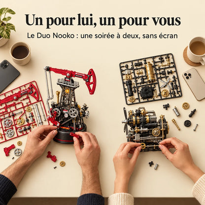 Deux personnes construisent un kit NOOKO côte à côte, une soirée sans écran